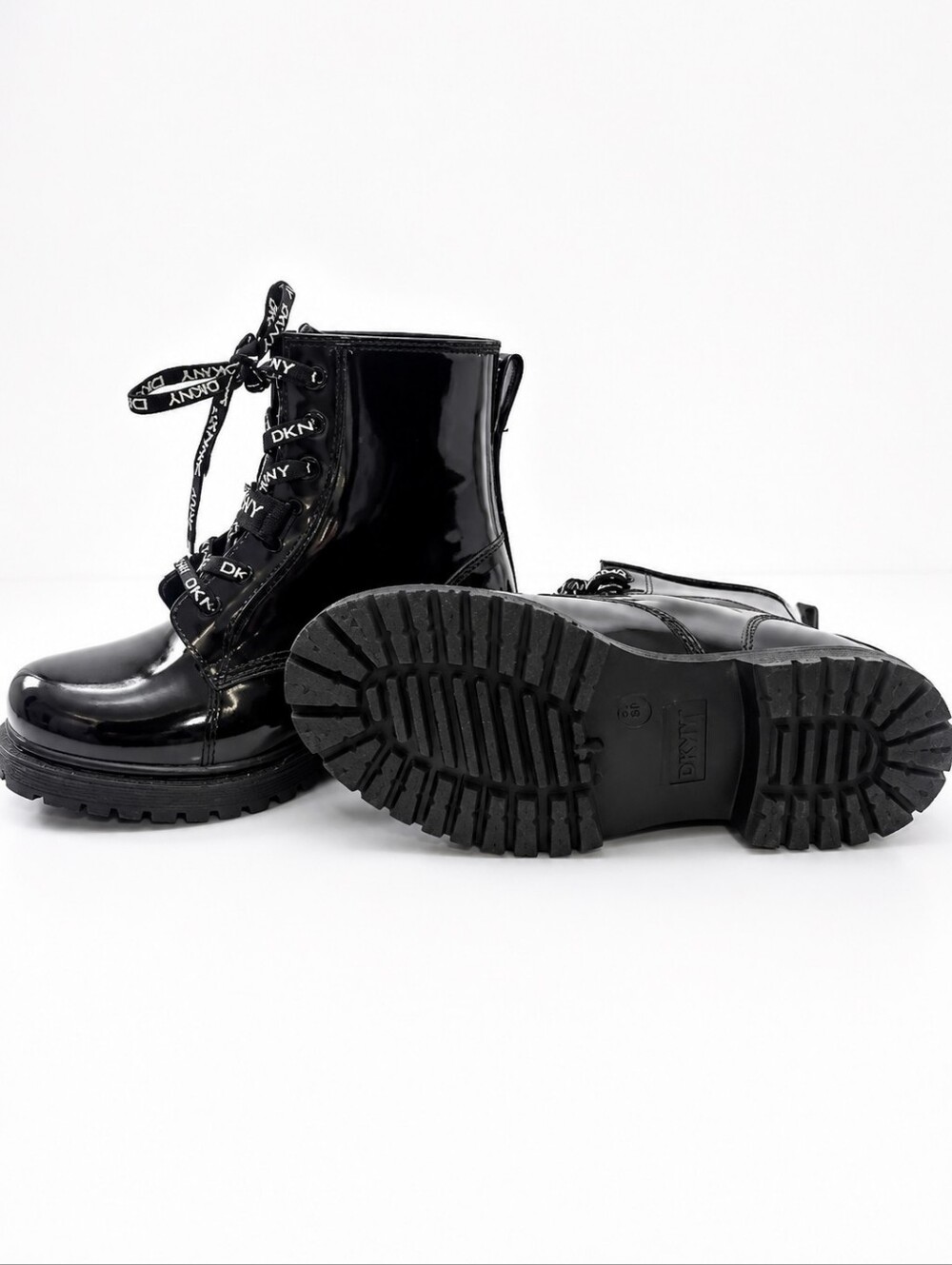DKNY Black Patent Combat Boots Size 38 Lug Sole Lace Up Ankle Boots - Picture 5 of 7